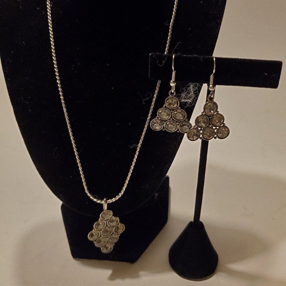 Vintage NS Pendant Black Crystals with Silver Tone Chain and Matching Earrings